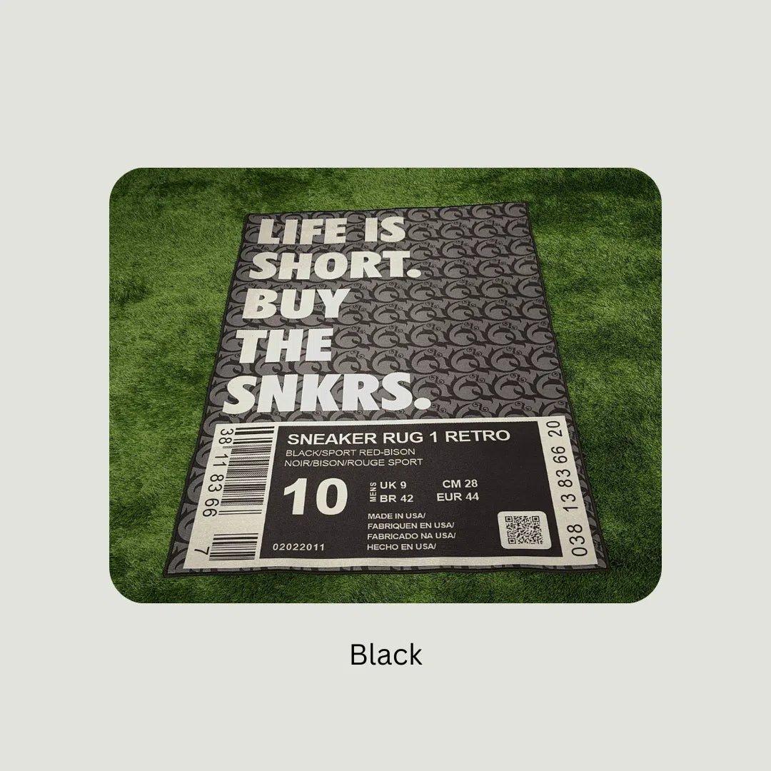 OG Black Sneaker Box Rugs styled on green turf for scale, layout inspiration, and texture contrast.