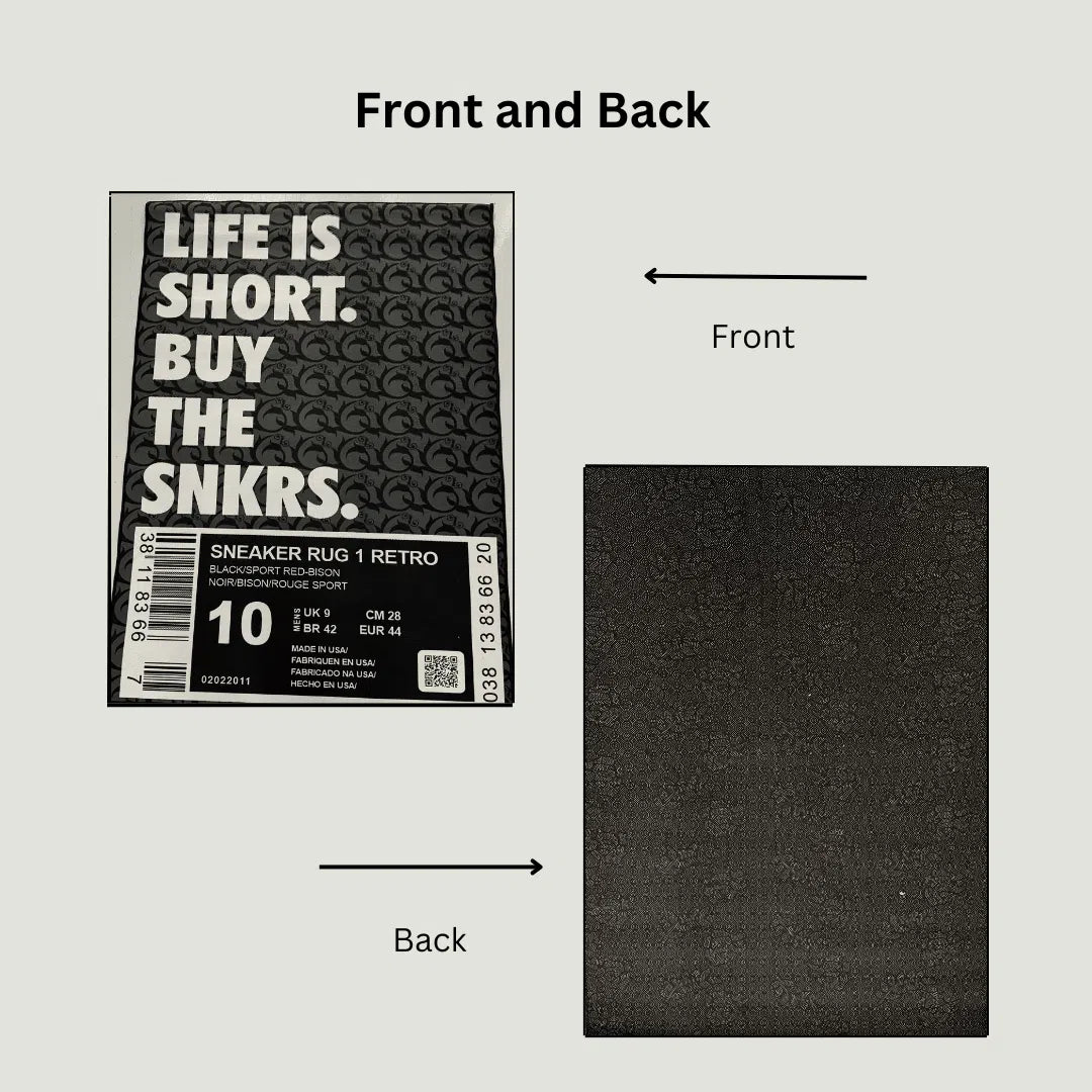 Image showing the front graphic in black and the underside with non-slip rubber backing.