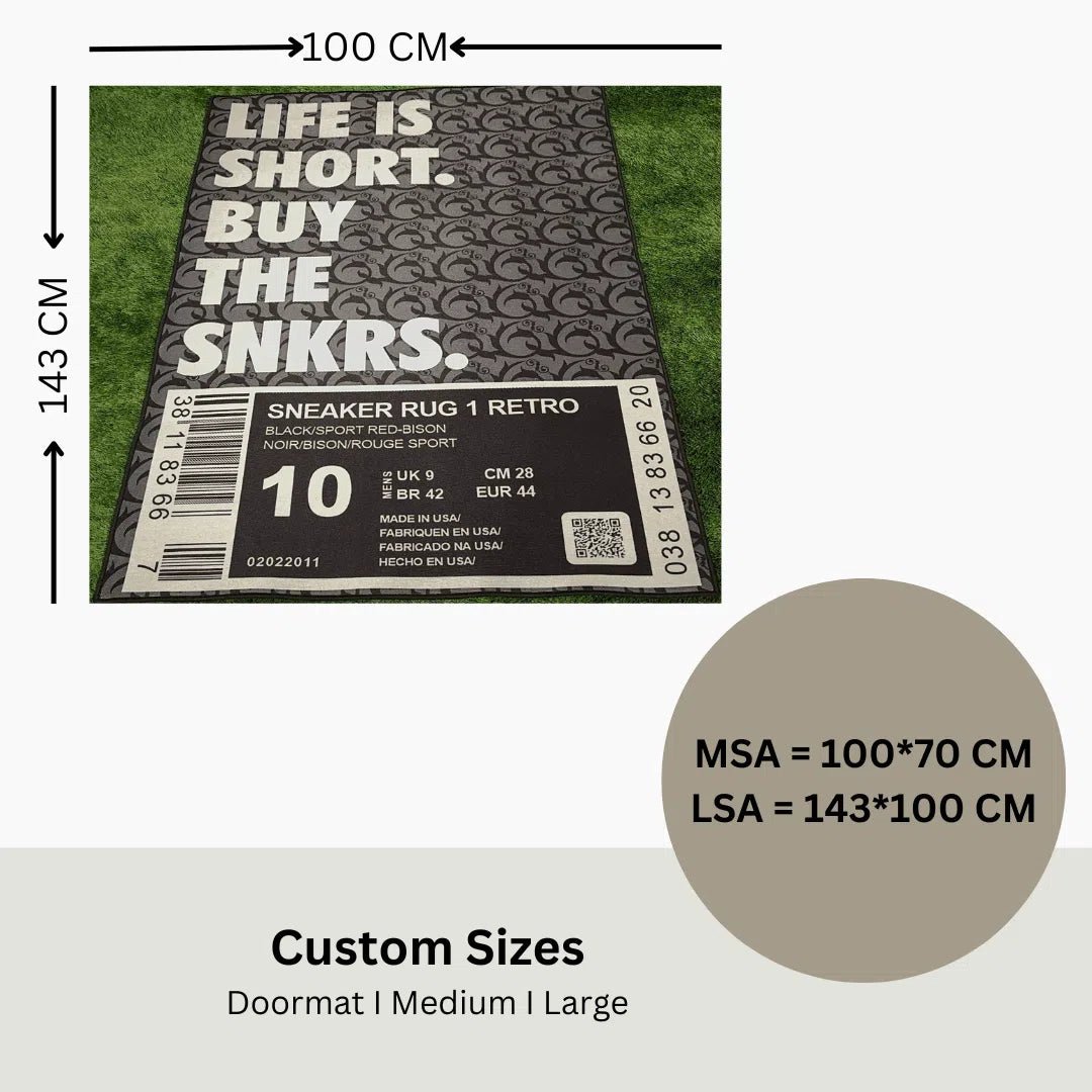 Rug sizing guide for the OG Black Sneaker Box Rug, showing small and large dimensions.