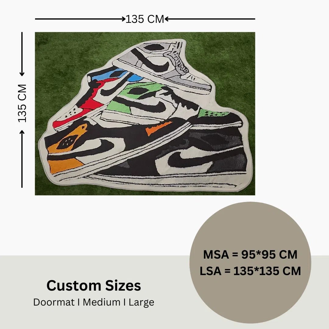 Size guide showing medium and large options for the Tetris 1s Sneaker Rug with dimensions.