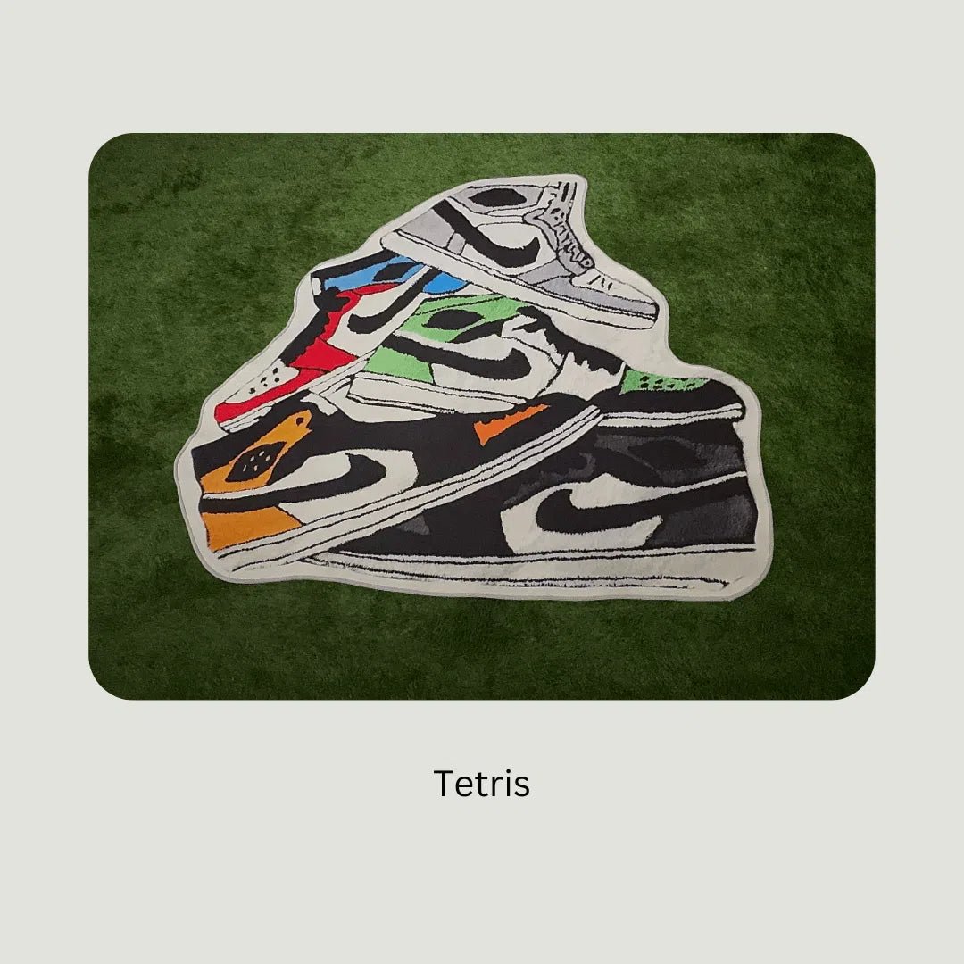 Tetris 1s Sneaker Rugs styled on turf to show size and color contrast in a sneaker-themed setup.