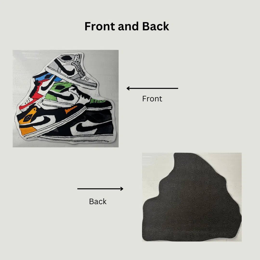 Image showing the front sneaker design and non-slip black rubber backing on the Tetris rug.