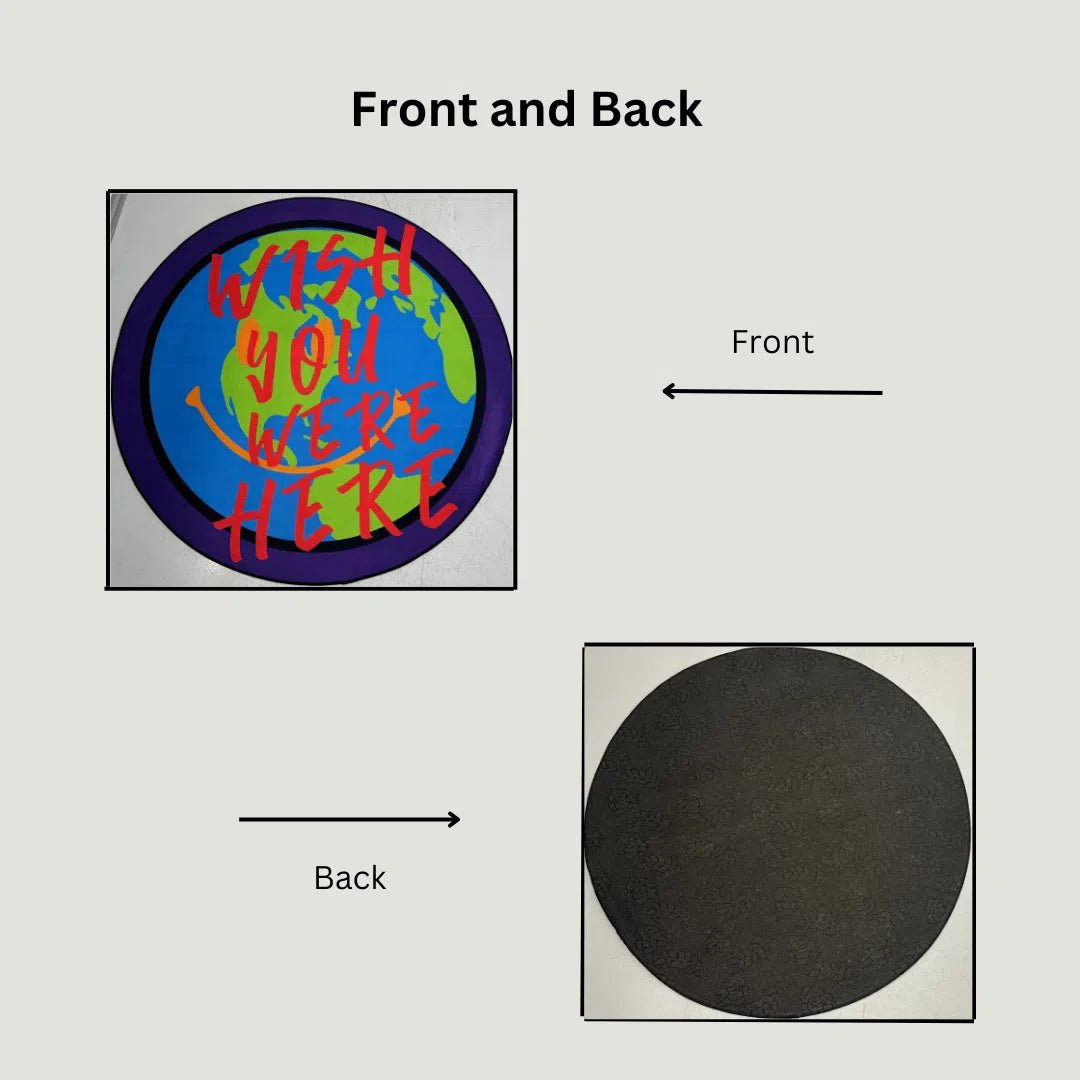 Front-facing artwork with “Wish You Were Here” text and the anti-slip black rubber backing side-by-side.